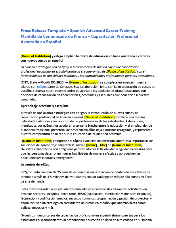 Read more about the article Press Release Template in Spanish – Spanish Advanced Career Training